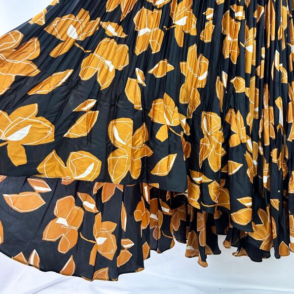 SIMKHAI Black & Gold Floral Ames Midi Dress (8) Pleated Plissé-Satin - Picture 8 of 15
